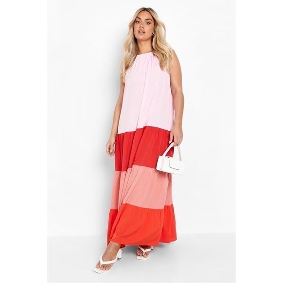 Boohoo Oversized Tiered Color Block Maxi Dress Pink - Picture 7 of 7